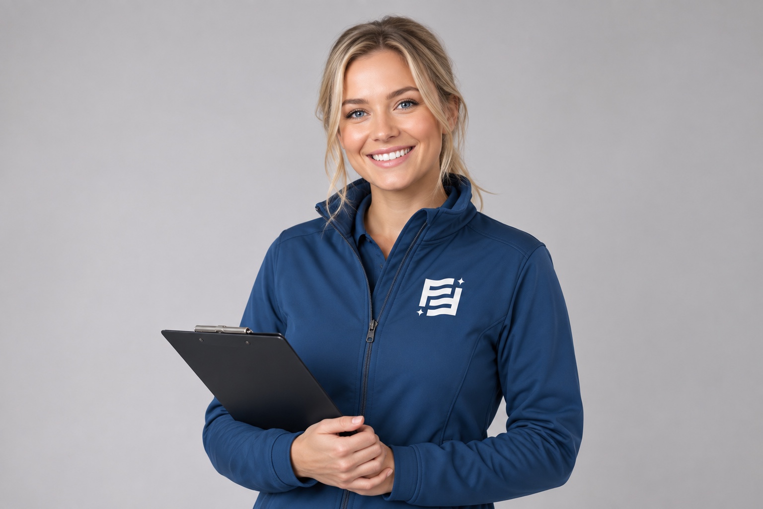 Illustrative Flawless flooring support representative holding a clipboard