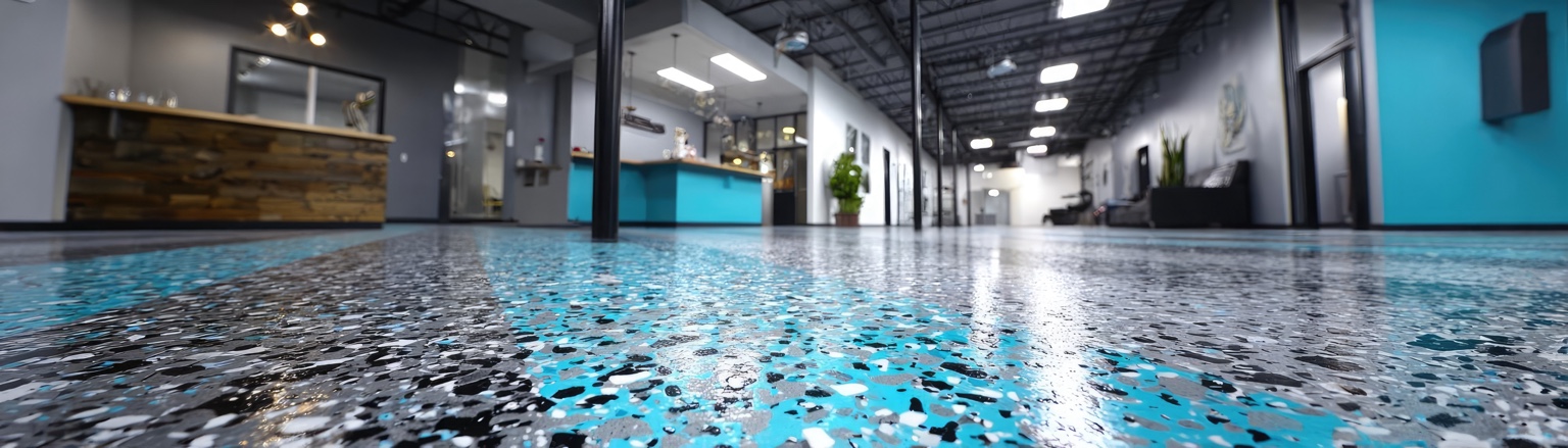 Commercial space featuring a bold blue flake floor