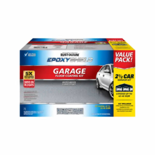 Lightly blurred Rust-Oleum EpoxyShield garage floor coating kit packaging