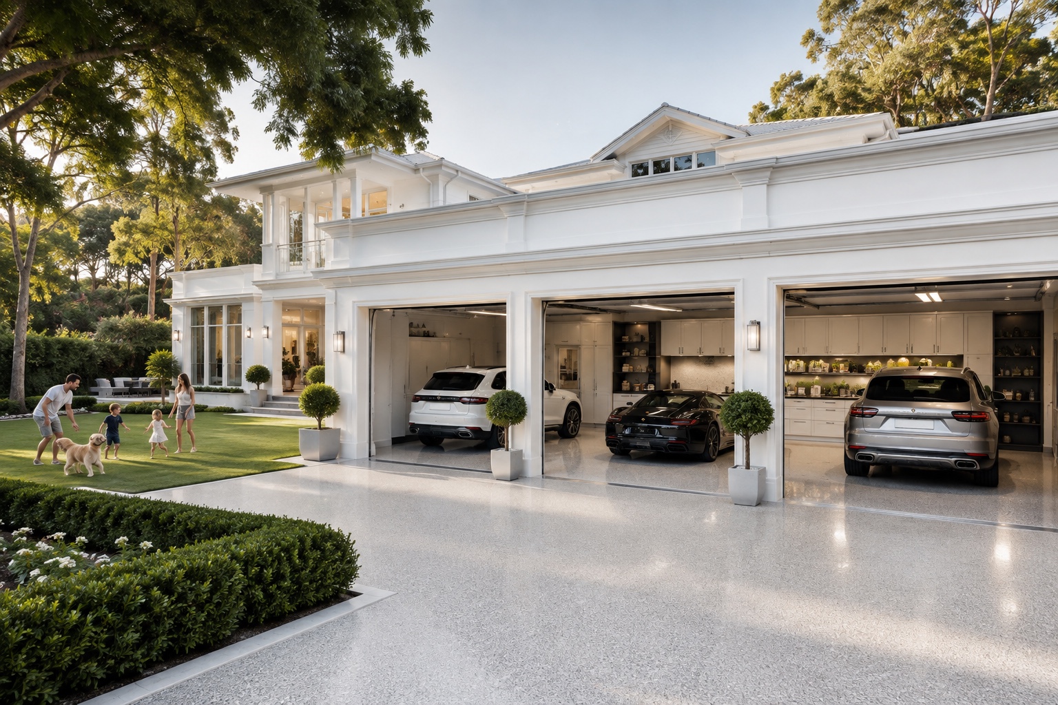 Family and dog beside a home with three epoxy-floored garages