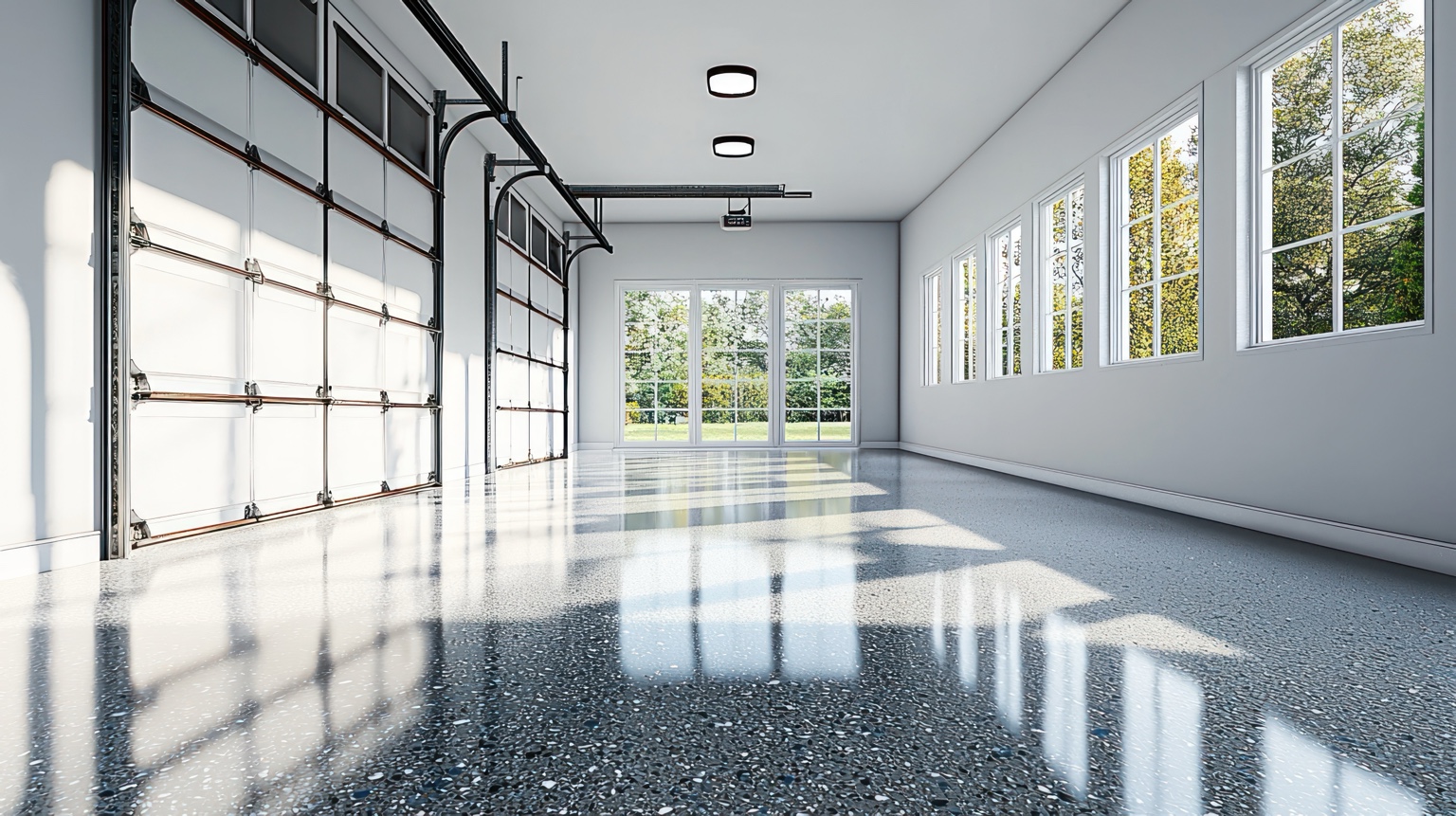 Light-filled garage with decorative epoxy flooring